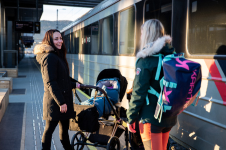 To damer med barnevogn venter på toget