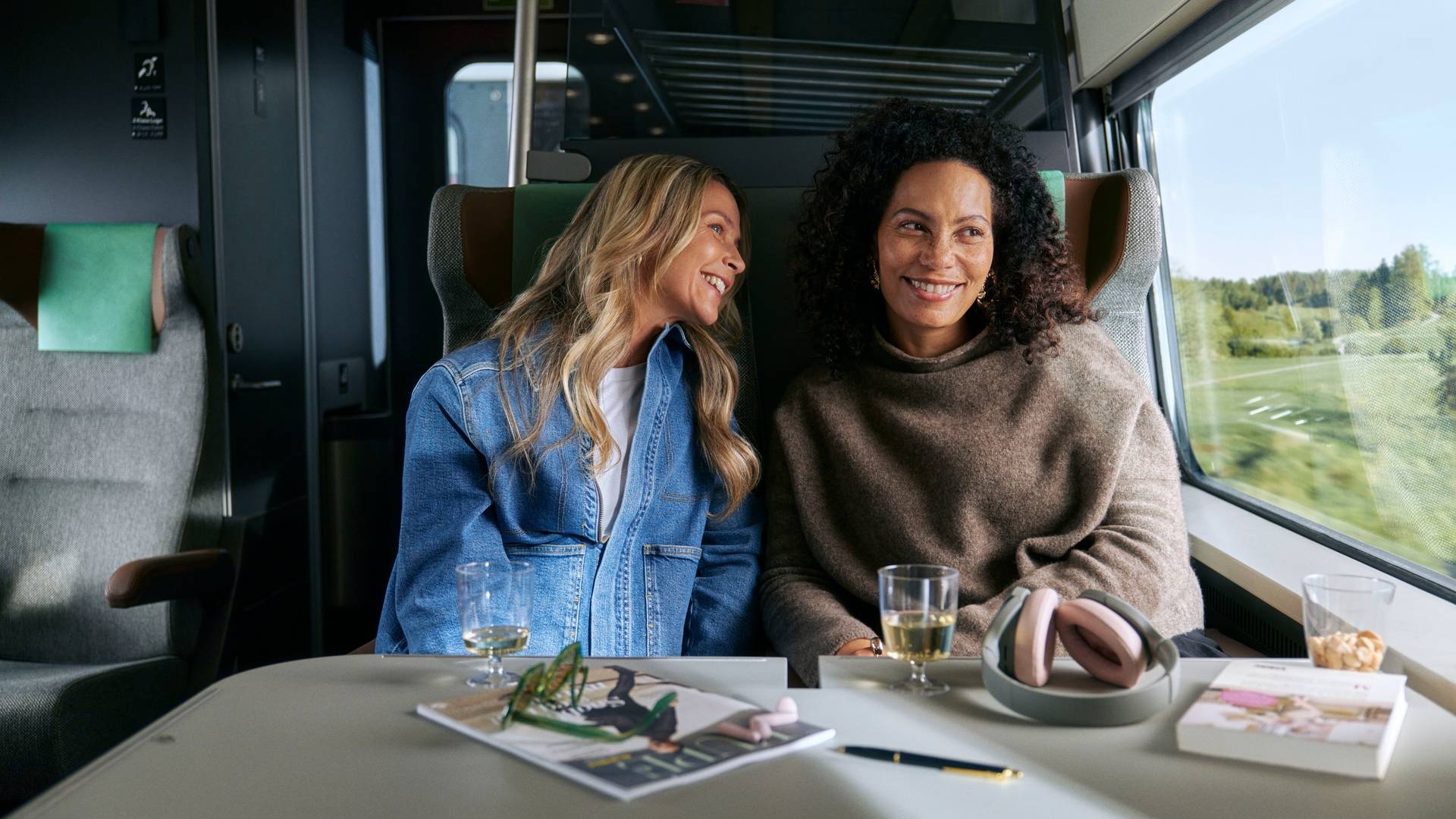 Two women travel on the high-speed train with SJ