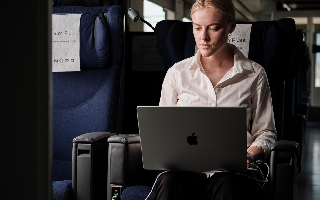 Woman sitting in the Premium Pluss carriage works on her laptop